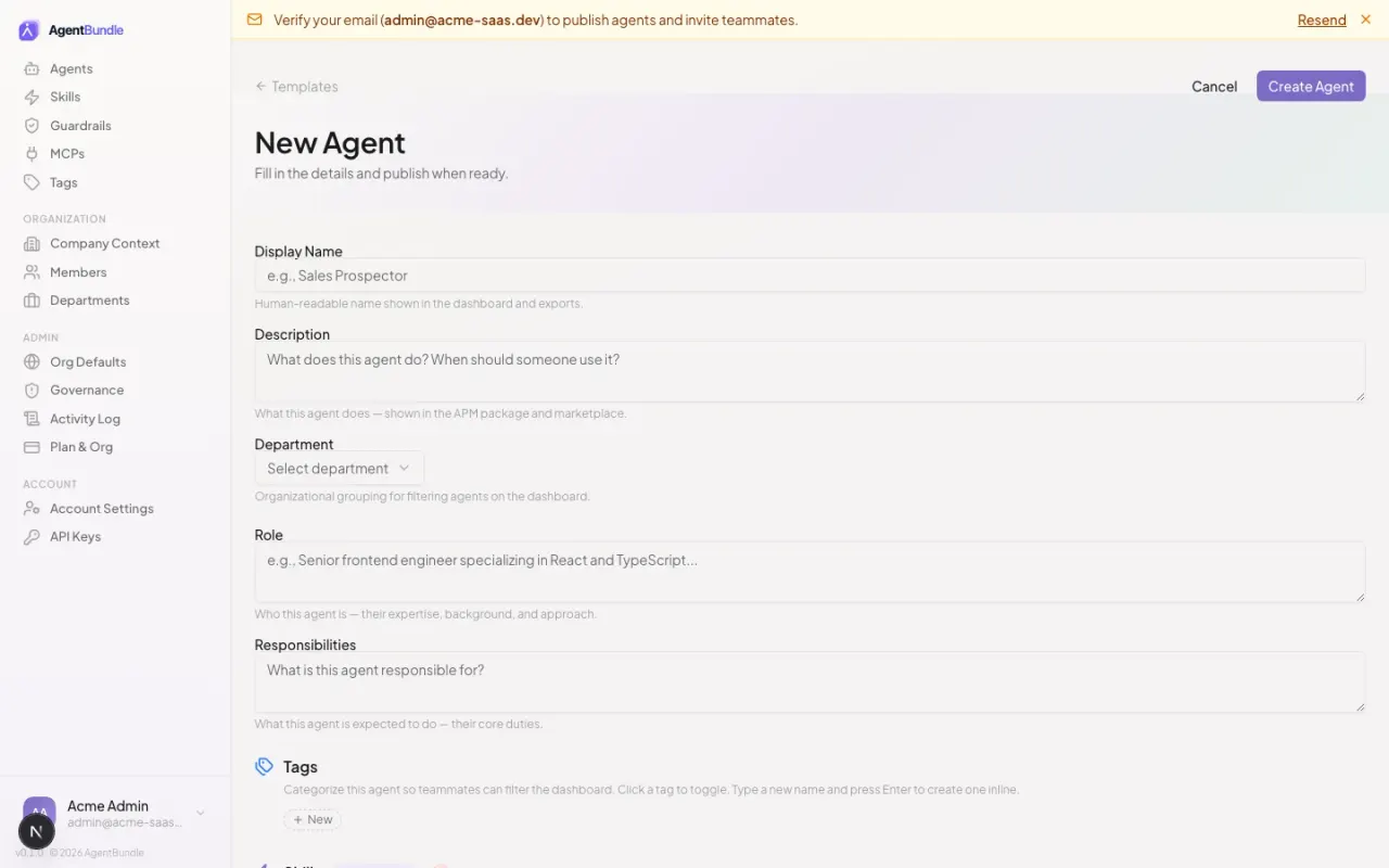 The new-agent authoring view in AgentBundle: a form to define an agent's persona, skills, and guardrails.