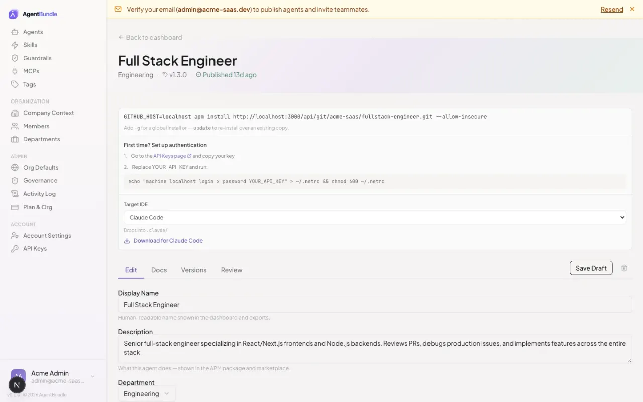 An agent detail view in AgentBundle, showing its current version, target runtimes, and one-click install actions.