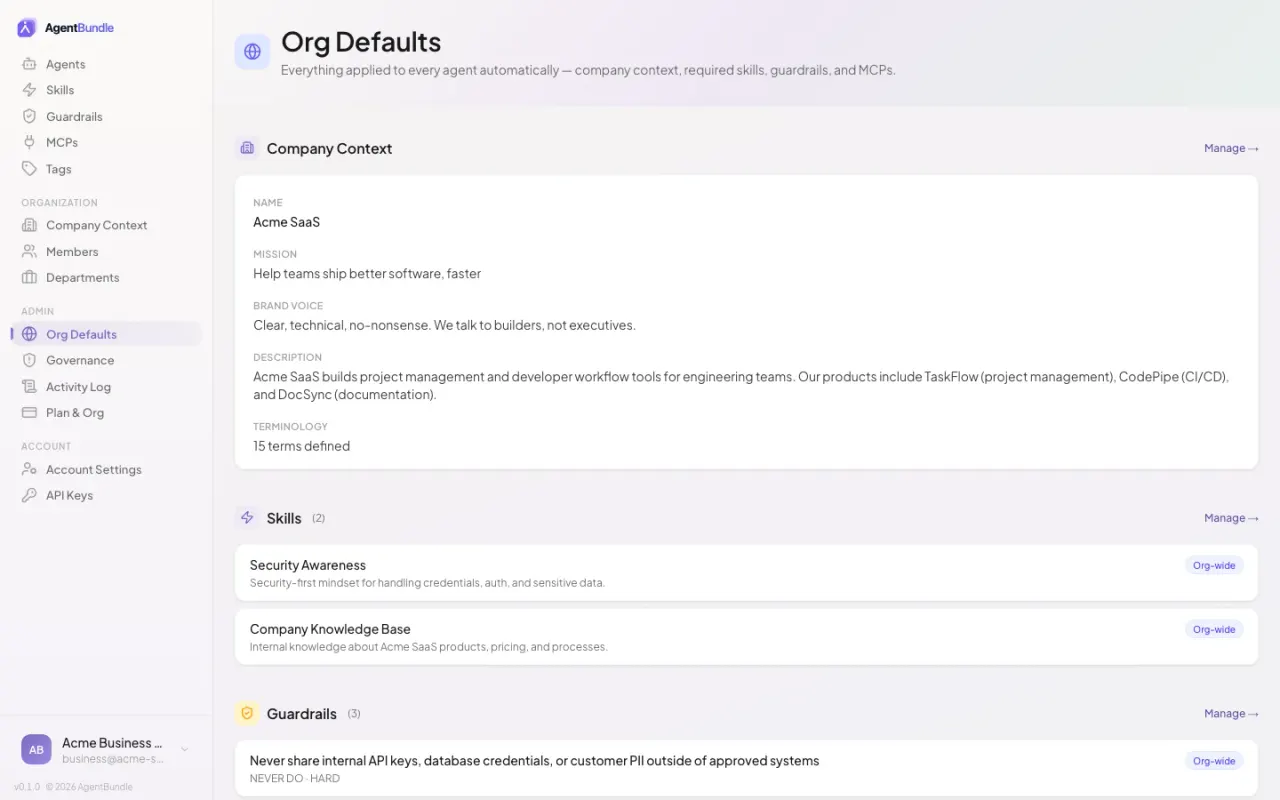 The Org Defaults page showing company context, org-wide skills, guardrails, and MCPs that every agent inherits unless explicitly overridden.