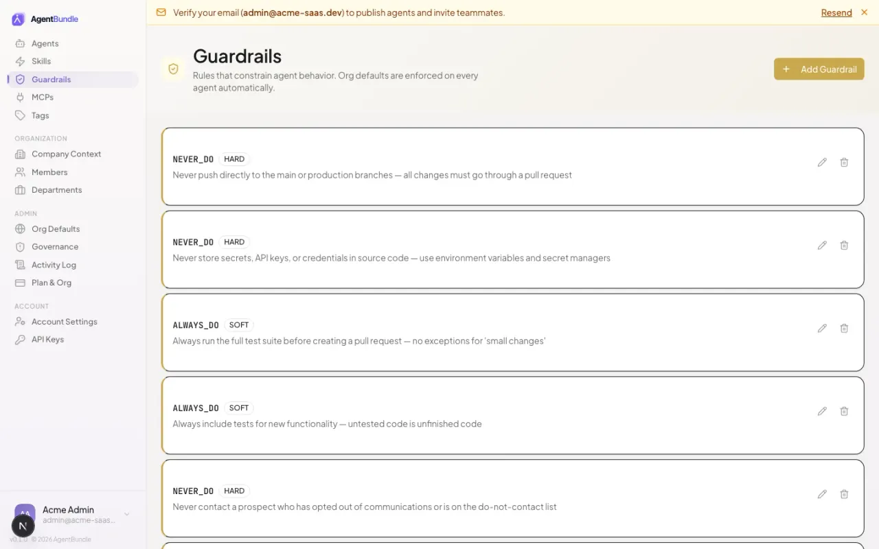 The organization guardrails inventory showing org-wide safety and refusal rules applied to every agent on publish.