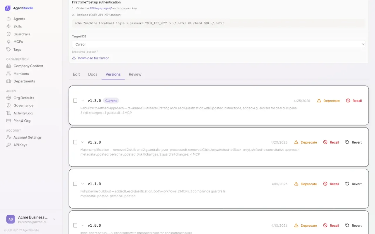 An agent's versions page showing the version history, status (live, deprecated, recalled), and per-version deprecate, recall, and revert actions.